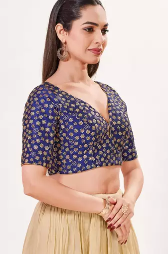 women's dupion silk blend  padded back open elbow-sleeves saree blouse