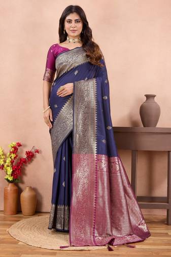 navy blue banarasi zari work lichi silk blend traditional saree with blouse