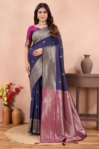 navy blue banarasi zari work lichi silk blend traditional saree with blouse
