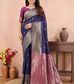navy blue banarasi zari work lichi silk blend traditional saree with blouse