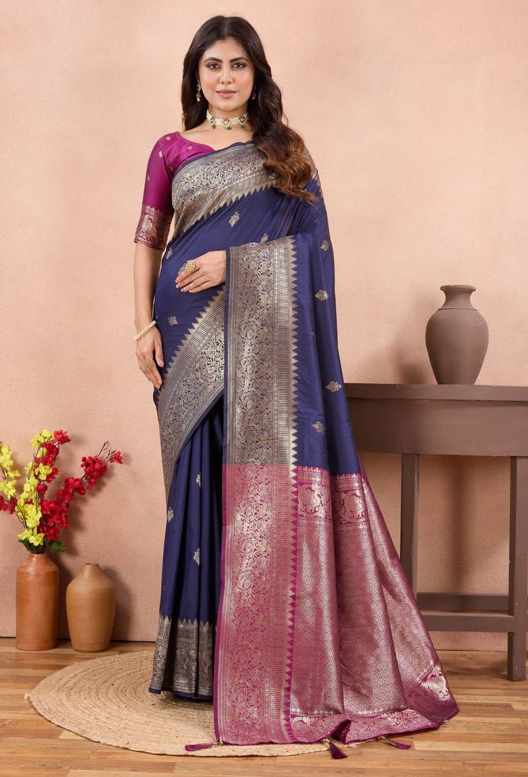 navy blue banarasi zari work lichi silk blend traditional saree with blouse