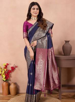 navy blue banarasi zari work lichi silk blend traditional saree with blouse 2