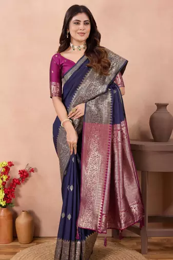 navy blue banarasi zari work lichi silk blend traditional saree with blouse