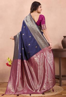 navy blue banarasi zari work lichi silk blend traditional saree with blouse 3
