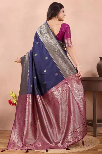 navy blue banarasi zari work lichi silk blend traditional saree with blouse