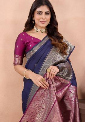 navy blue banarasi zari work lichi silk blend traditional saree with blouse 4