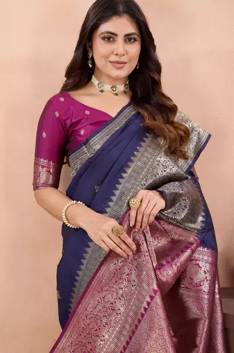 navy blue banarasi zari work lichi silk blend traditional saree with blouse
