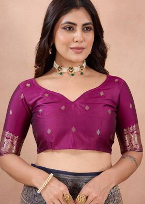 navy blue banarasi zari work lichi silk blend traditional saree with blouse 5