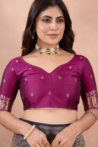 navy blue banarasi zari work lichi silk blend traditional saree with blouse