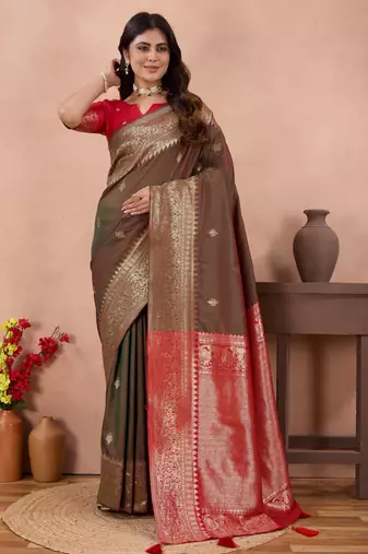 brown banarasi zari work lichi silk blend traditional saree with blouse