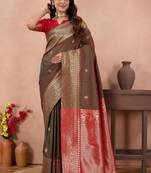brown banarasi zari work lichi silk blend traditional saree with blouse