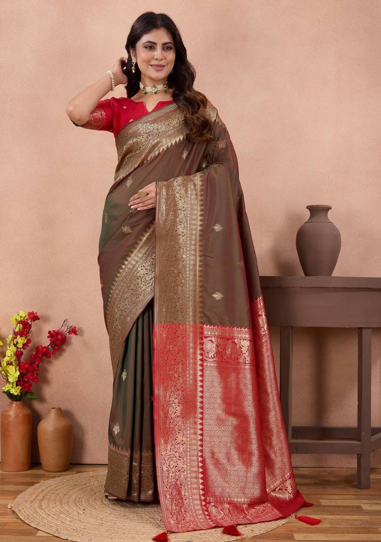 brown banarasi zari work lichi silk blend traditional saree with blouse