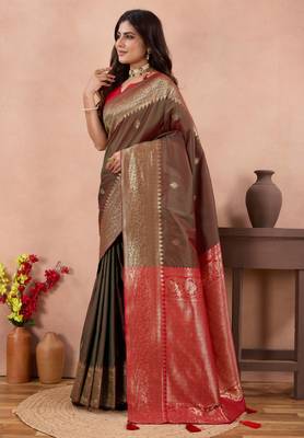brown banarasi zari work lichi silk blend traditional saree with blouse 2