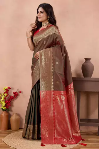 brown banarasi zari work lichi silk blend traditional saree with blouse