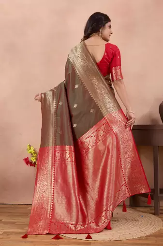 brown banarasi zari work lichi silk blend traditional saree with blouse