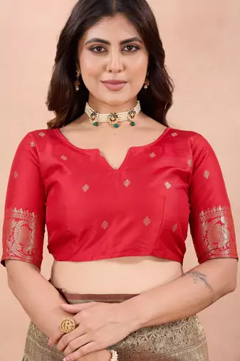 brown banarasi zari work lichi silk blend traditional saree with blouse