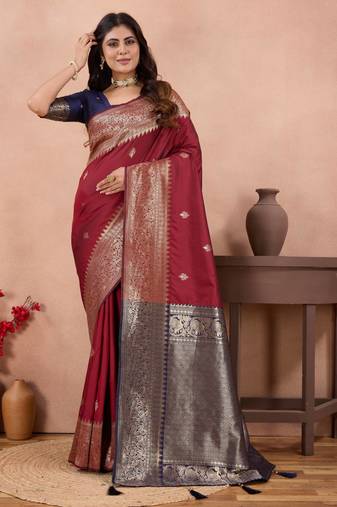 maroon banarasi zari work lichi silk blend traditional saree with blouse