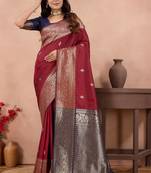 maroon banarasi zari work lichi silk blend traditional saree with blouse