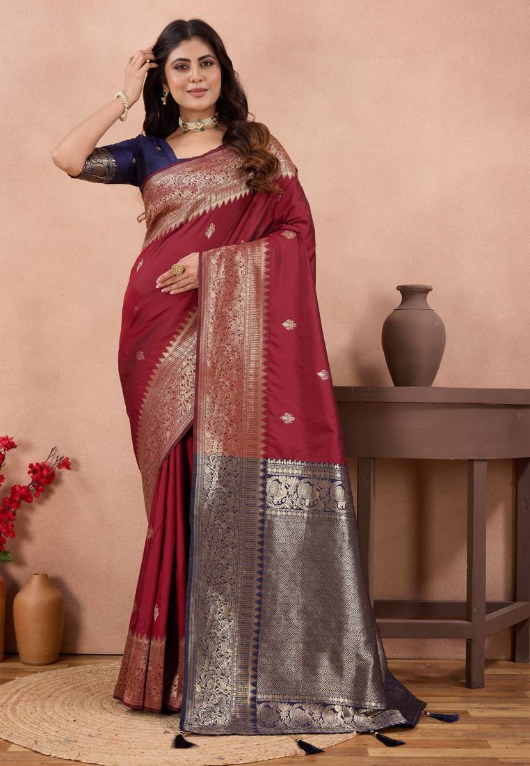 maroon banarasi zari work lichi silk blend traditional saree with blouse