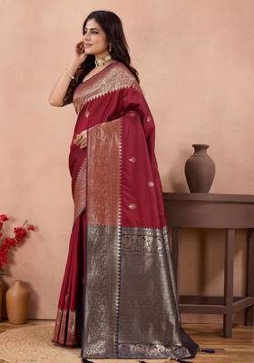 maroon banarasi zari work lichi silk blend traditional saree with blouse 2