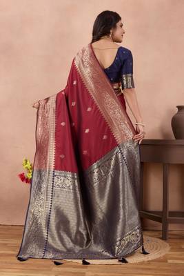 maroon banarasi zari work lichi silk blend traditional saree with blouse 3