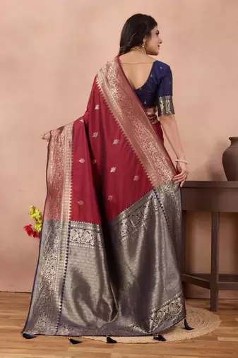maroon banarasi zari work lichi silk blend traditional saree with blouse