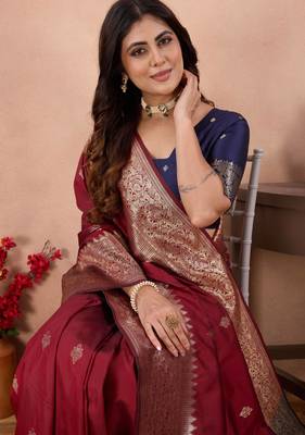 maroon banarasi zari work lichi silk blend traditional saree with blouse 4