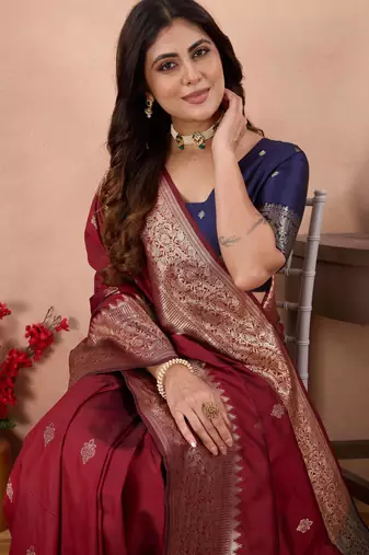 maroon banarasi zari work lichi silk blend traditional saree with blouse