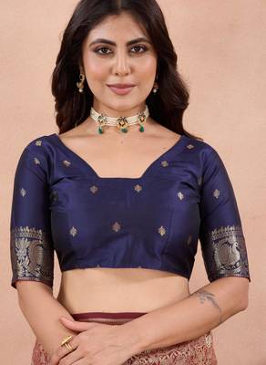 maroon banarasi zari work lichi silk blend traditional saree with blouse 5