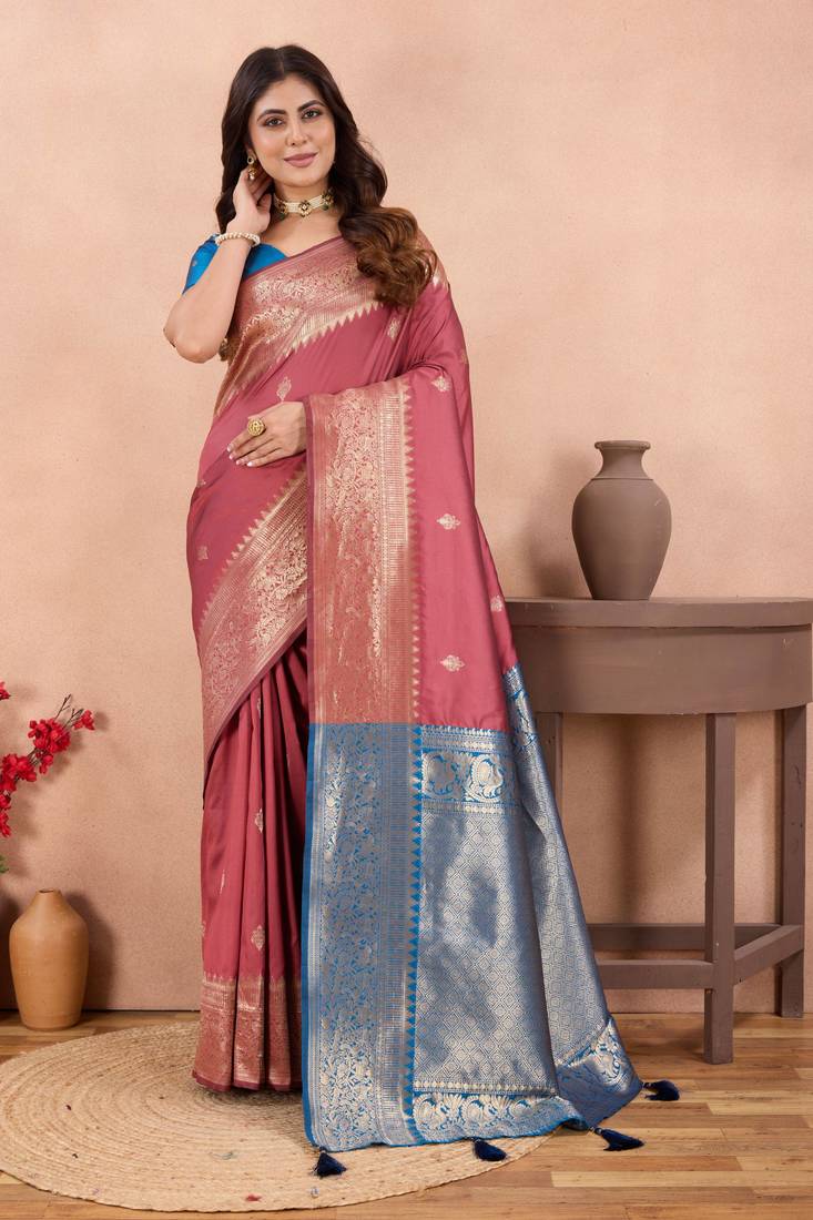 mauve banarasi zari work lichi silk blend traditional saree with blouse