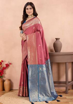 mauve banarasi zari work lichi silk blend traditional saree with blouse 2