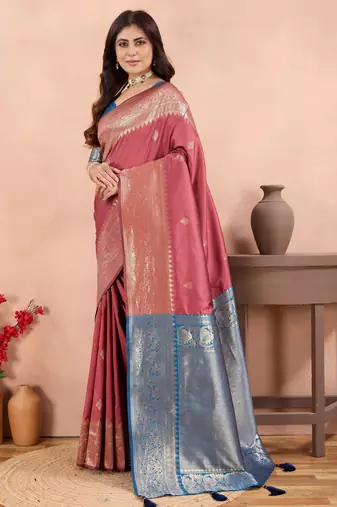 mauve banarasi zari work lichi silk blend traditional saree with blouse