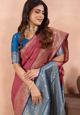 mauve banarasi zari work lichi silk blend traditional saree with blouse 4