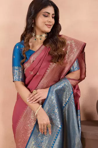 mauve banarasi zari work lichi silk blend traditional saree with blouse