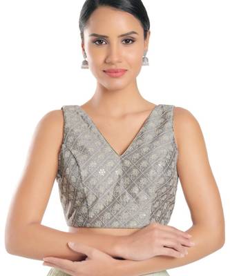 women's jain silk blend  padded back open sleeveless saree blouse 1