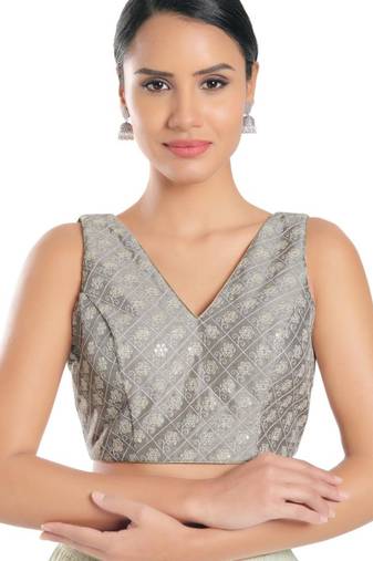 women's jain silk blend  padded back open sleeveless saree blouse