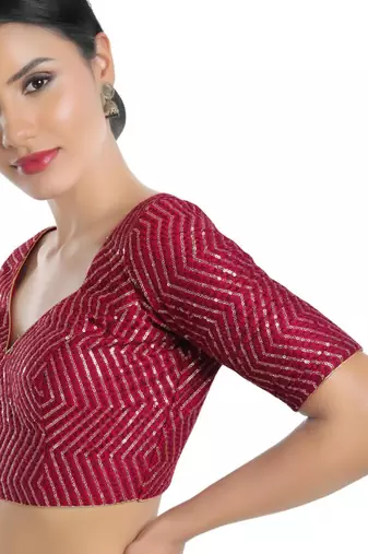 women's silk blend  padded back open elbow-sleeves saree blouse