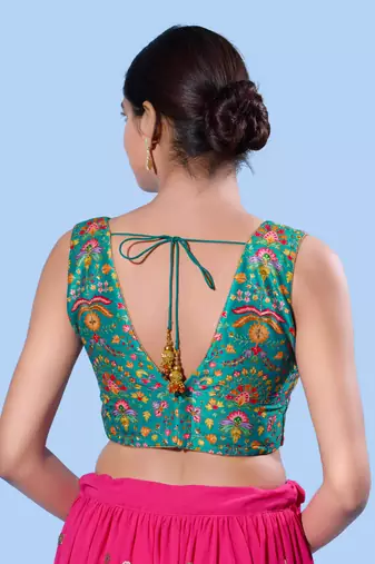 women's computer-work padded back-open elbow-length-sleeves saree blouse