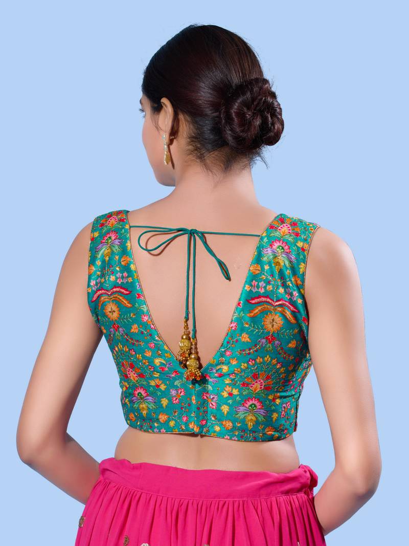 women's computer-work padded back-open elbow-length-sleeves saree blouse