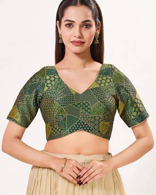 women's brocade padded back open elbow-sleeves saree blouse 1