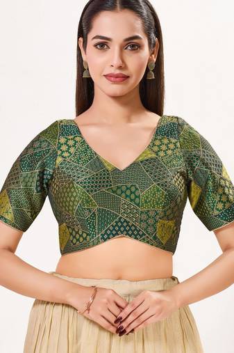 women's brocade padded back open elbow-sleeves saree blouse