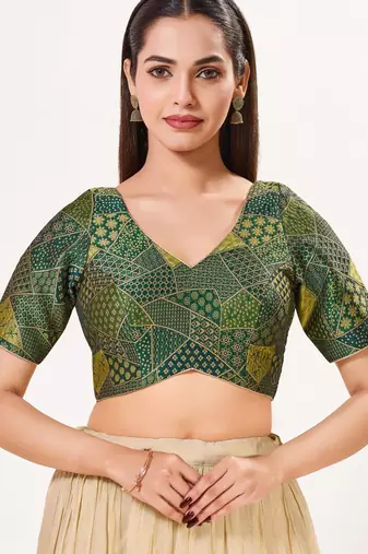 women's brocade padded back open elbow-sleeves saree blouse