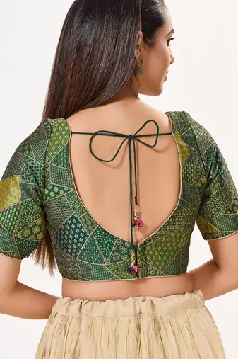 women's brocade padded back open elbow-sleeves saree blouse