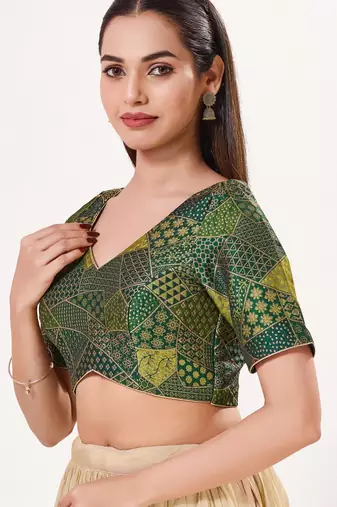 women's brocade padded back open elbow-sleeves saree blouse