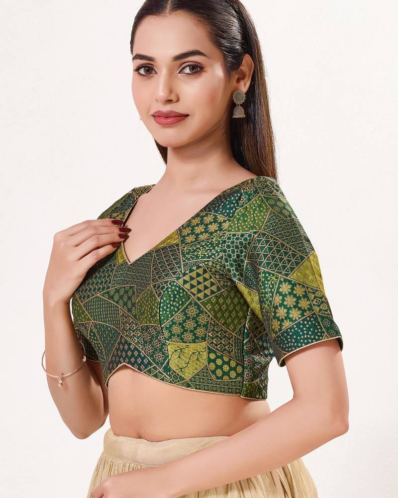women's brocade padded back open elbow-sleeves saree blouse