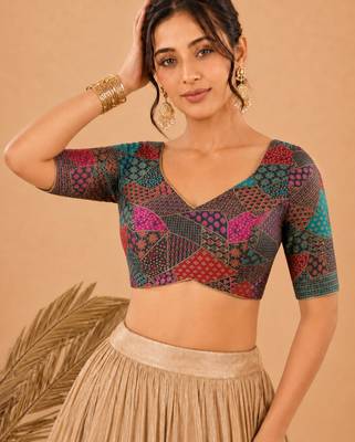 women's brocade padded back open elbow-sleeves saree blouse 1