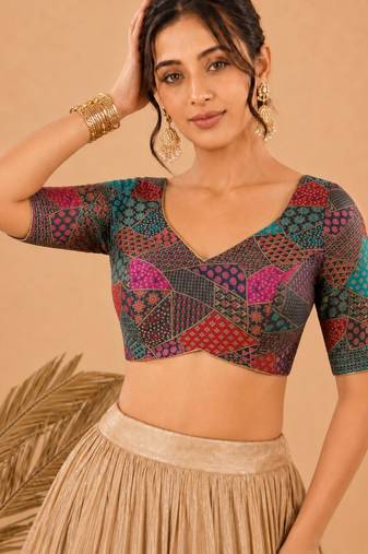 women's brocade padded back open elbow-sleeves saree blouse