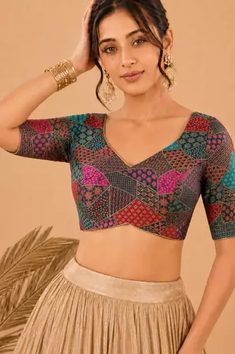 women's brocade padded back open elbow-sleeves saree blouse