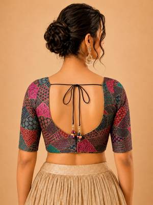 women's brocade padded back open elbow-sleeves saree blouse 2