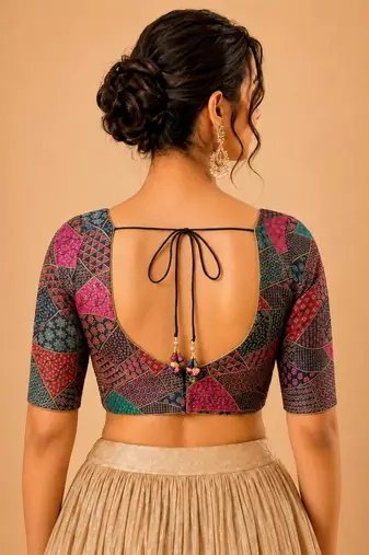 women's brocade padded back open elbow-sleeves saree blouse